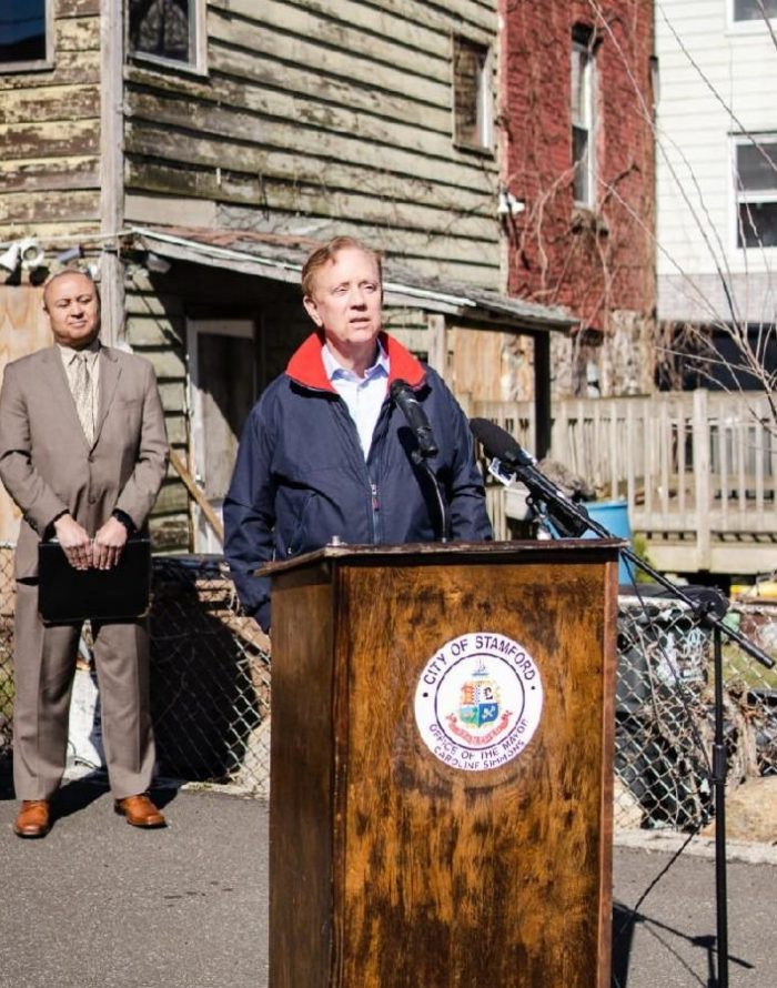 Caroline Simmons, Stamford Mayor; Rob Hotaling, Deputy Commissioner of the Department of Economic and Community Development; Ned Lamont, Connecticut Governor